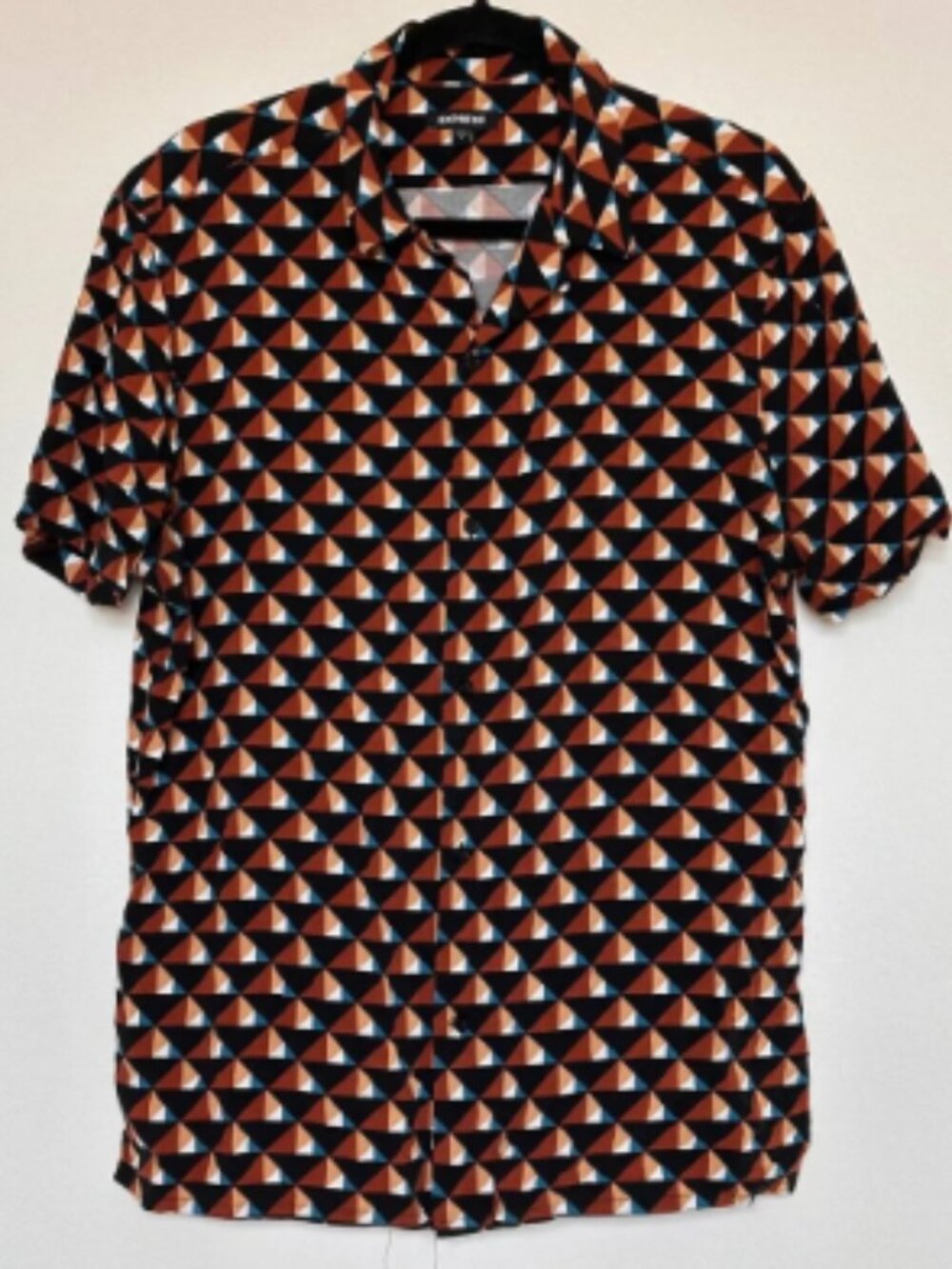 Express Mens Large Rayon Short Sleeve Button Up Geometric Triangle Print Shirt